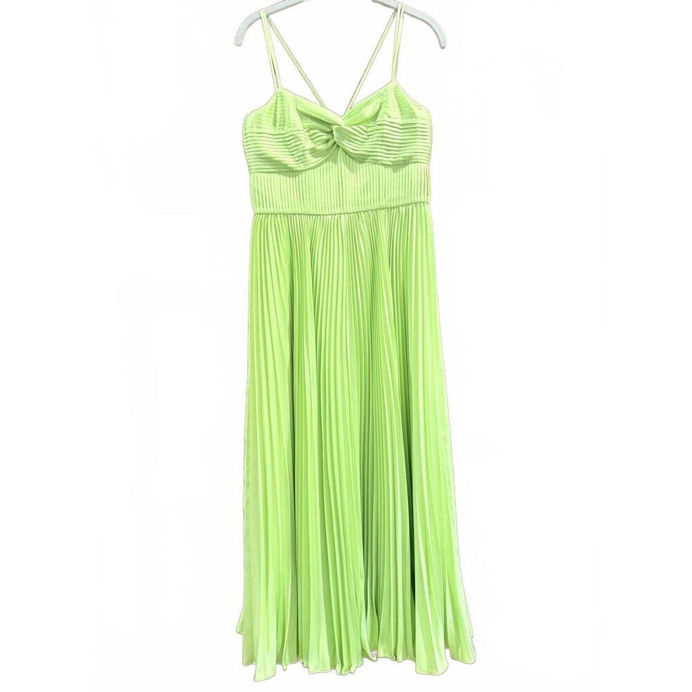 AMUR Krisley Pleated Satin Lime Green Midi Dress - Picture 6 of 12